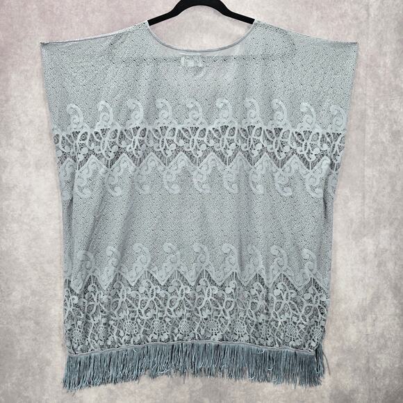 Arianna by Howards Gray Lace Fringe Boho Beach Swim Cover Up Duster Kimono XL - Picture 2 of 8